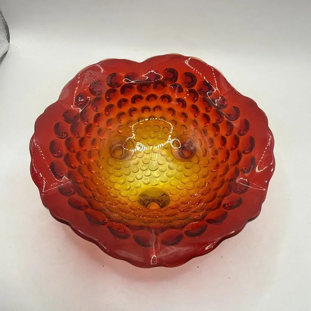 Vintage Fenton Art Glass AMBERINA Hobnail Footed Dish Bowl 6.5” in Red Orange *